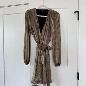 Bardot Gold Pleated Wrap Dress with Bishop Sleeves